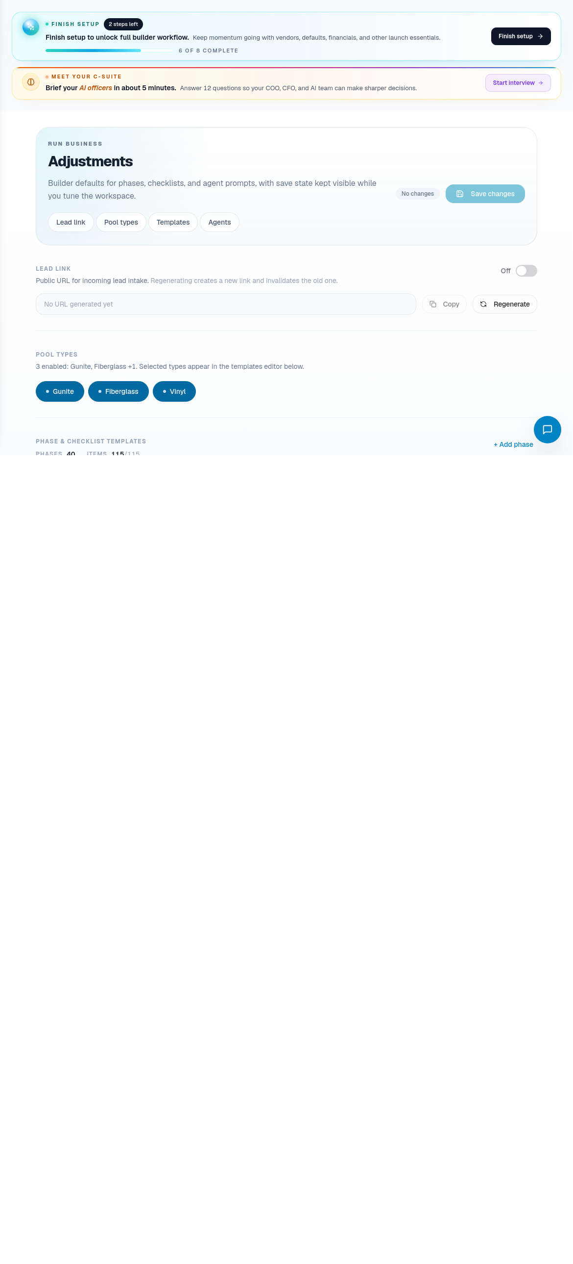 Adjustments page showing templates, trades, phases, and agent configuration