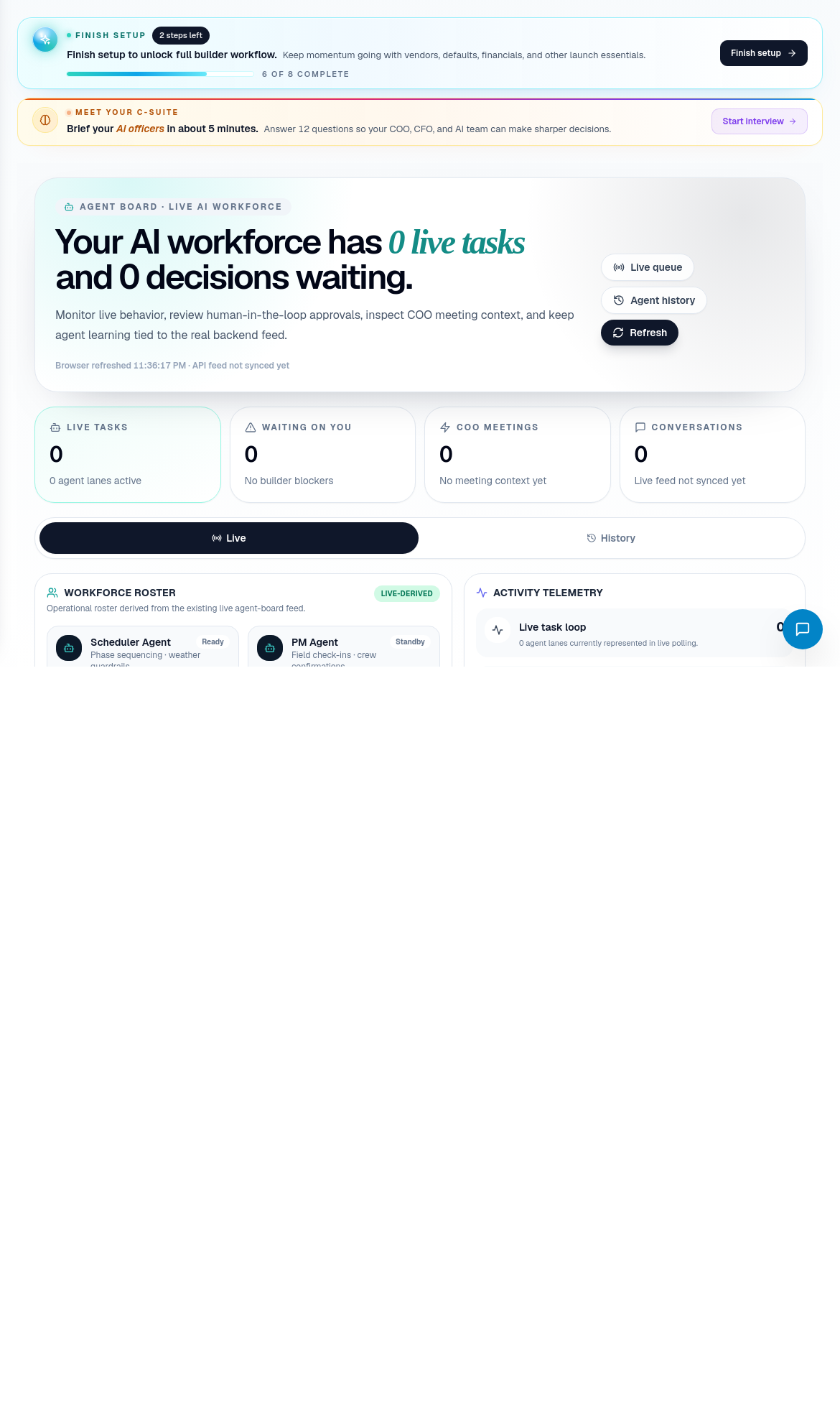 Agent Board showing AI agent work queues, approvals, and task status