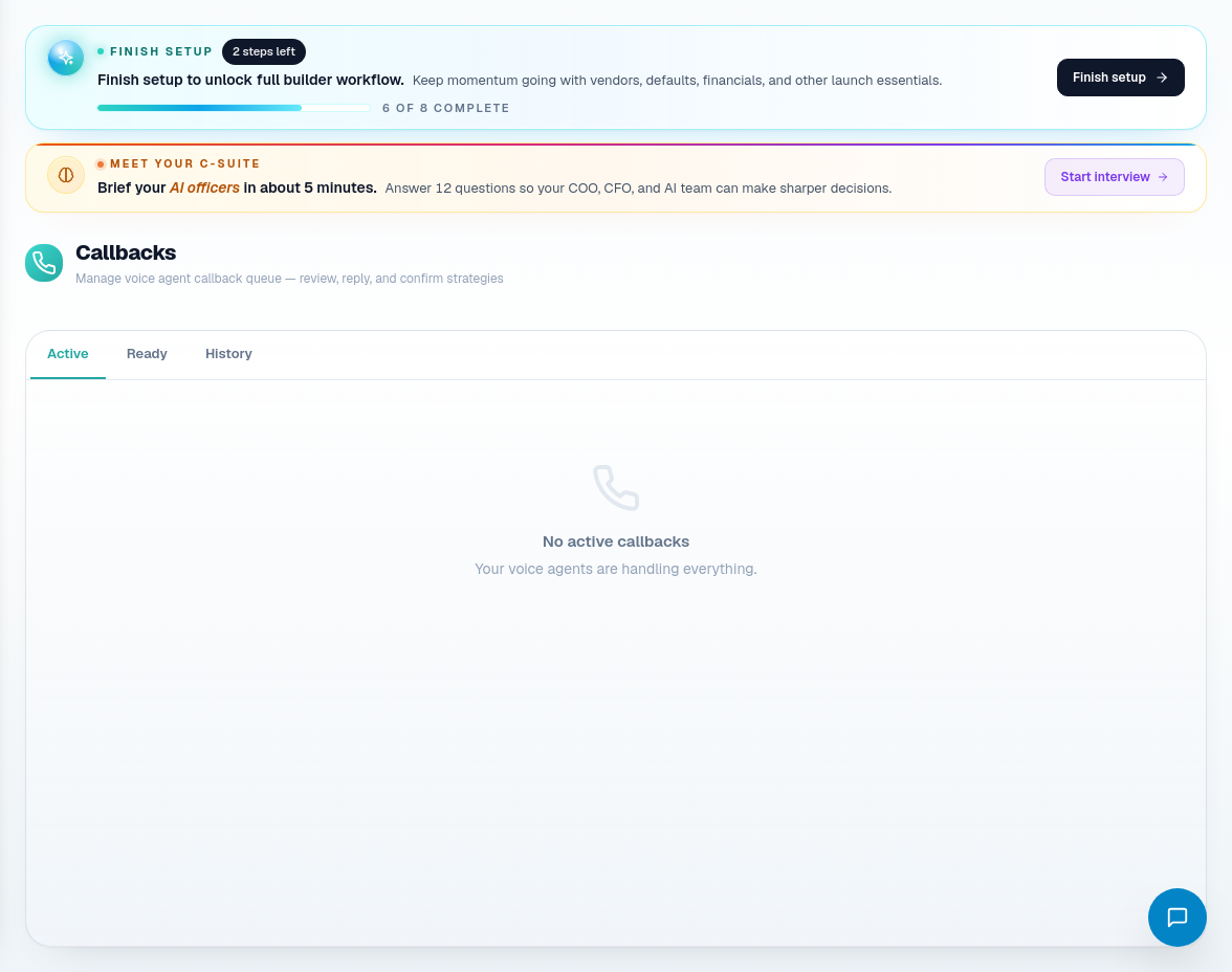 Callbacks page showing homeowner follow-up and callback records