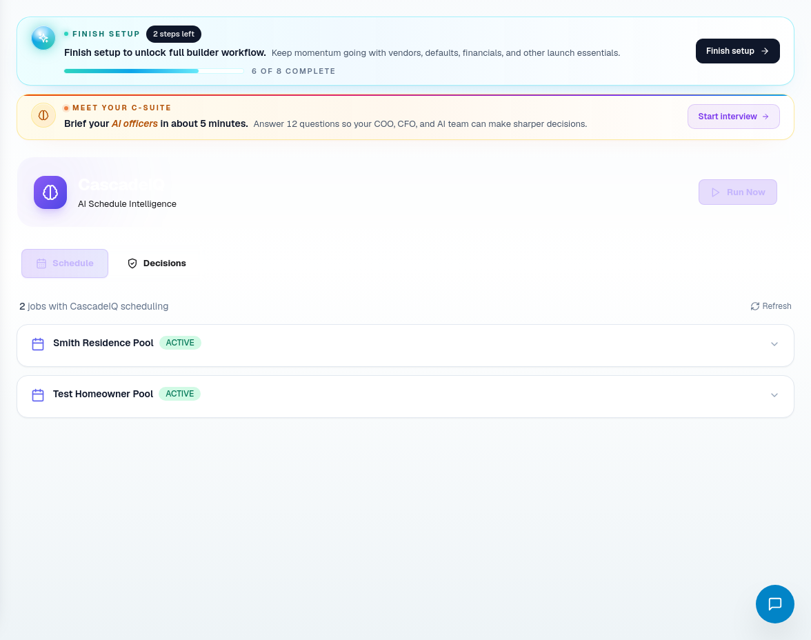 CascadeIQ schedule workspace showing schedule and decision review tabs