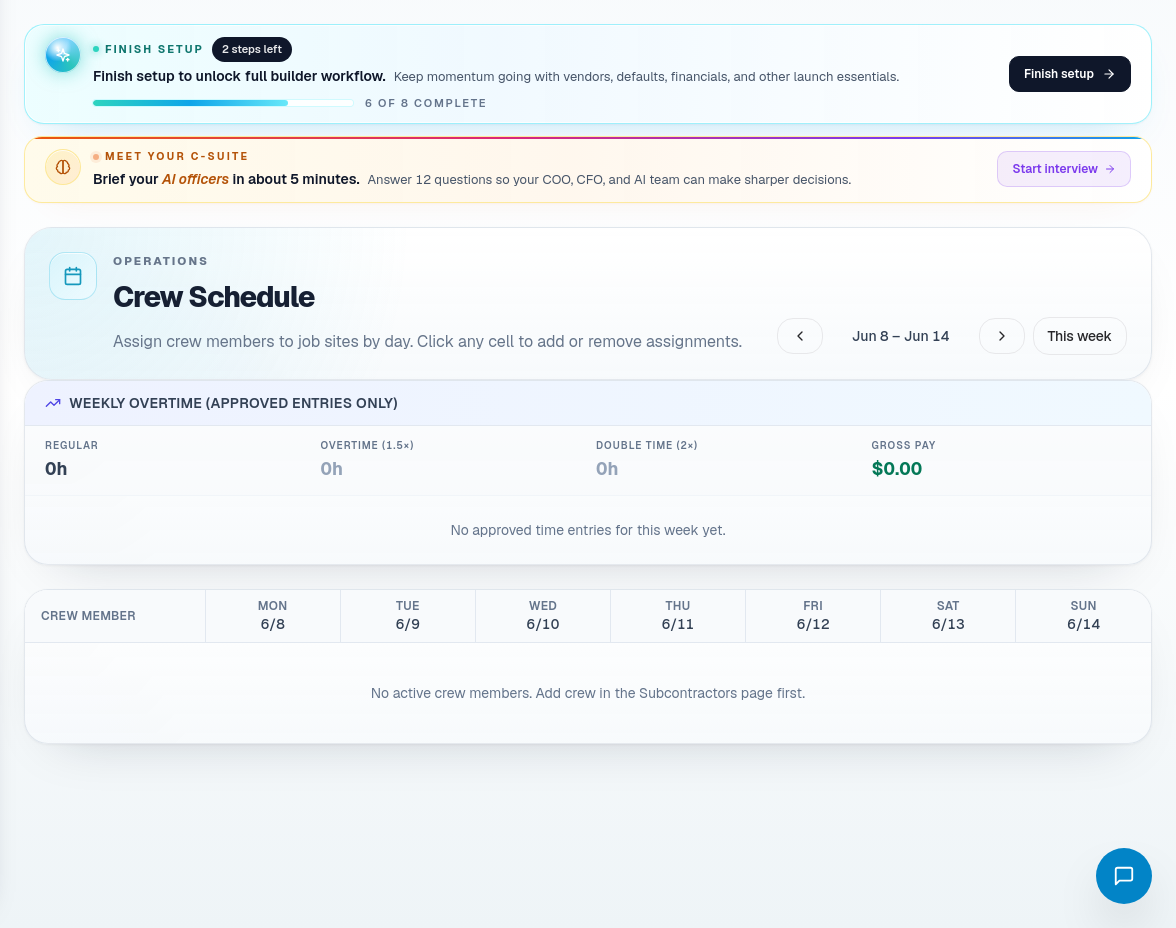 Crew schedule page showing scheduled crew work