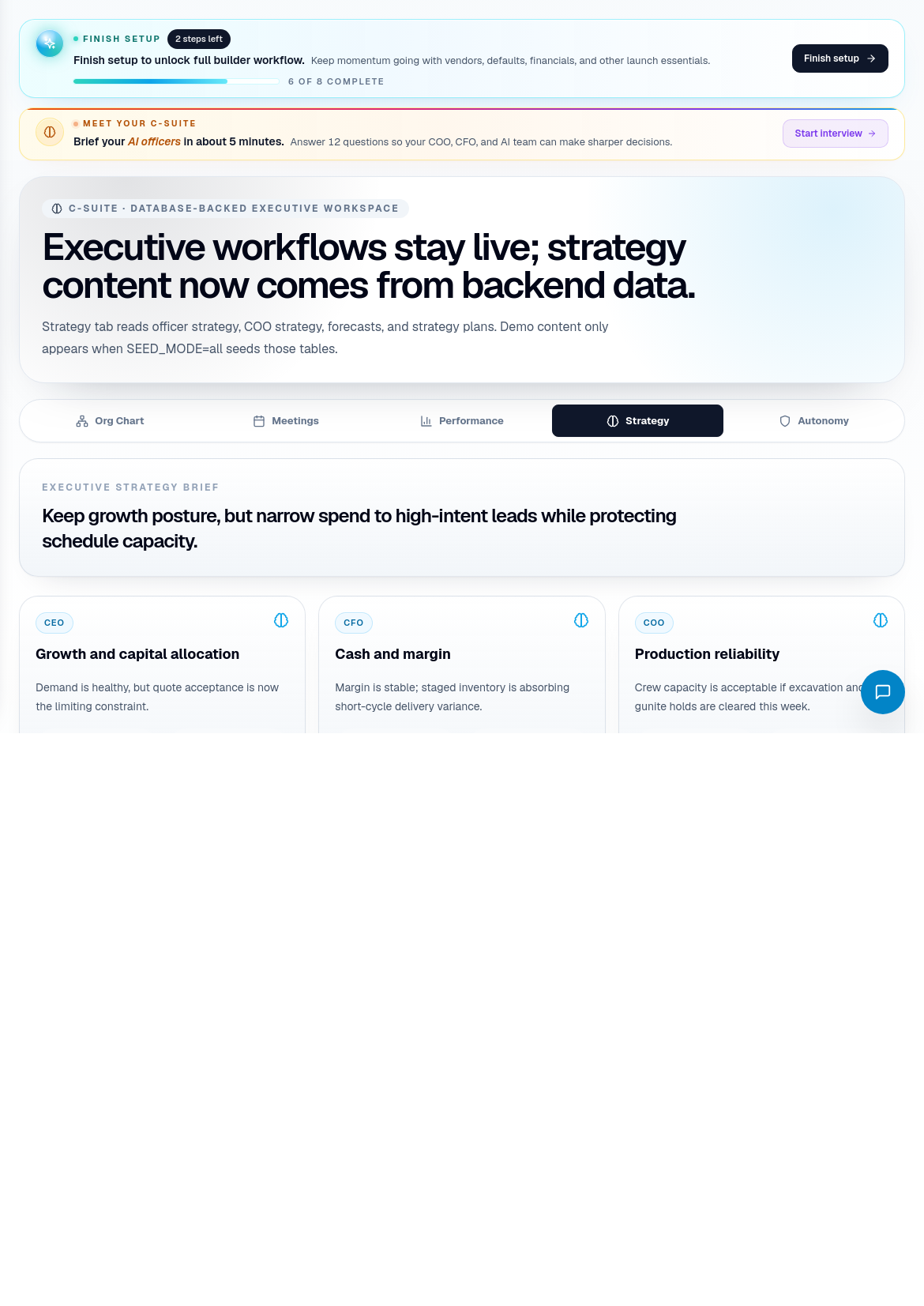 C-Suite leadership page showing executive operating modules