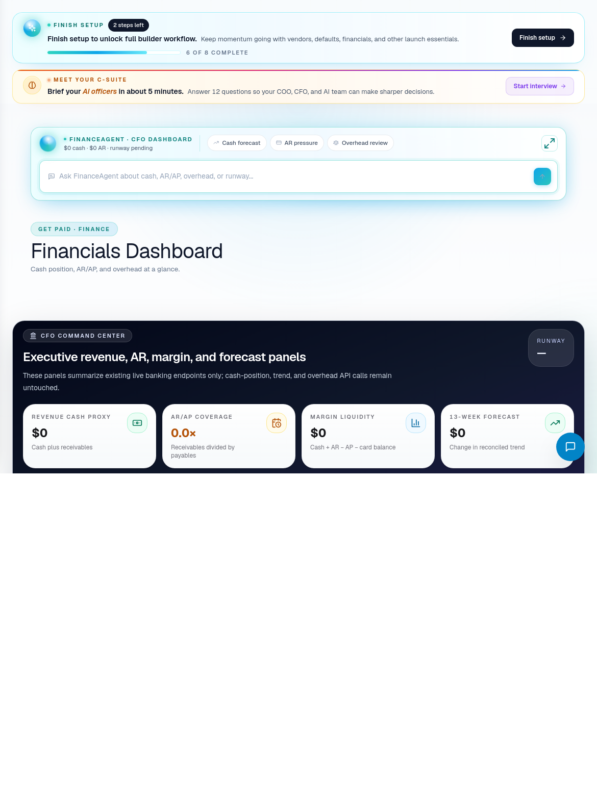 Financials dashboard showing revenue and finance overview