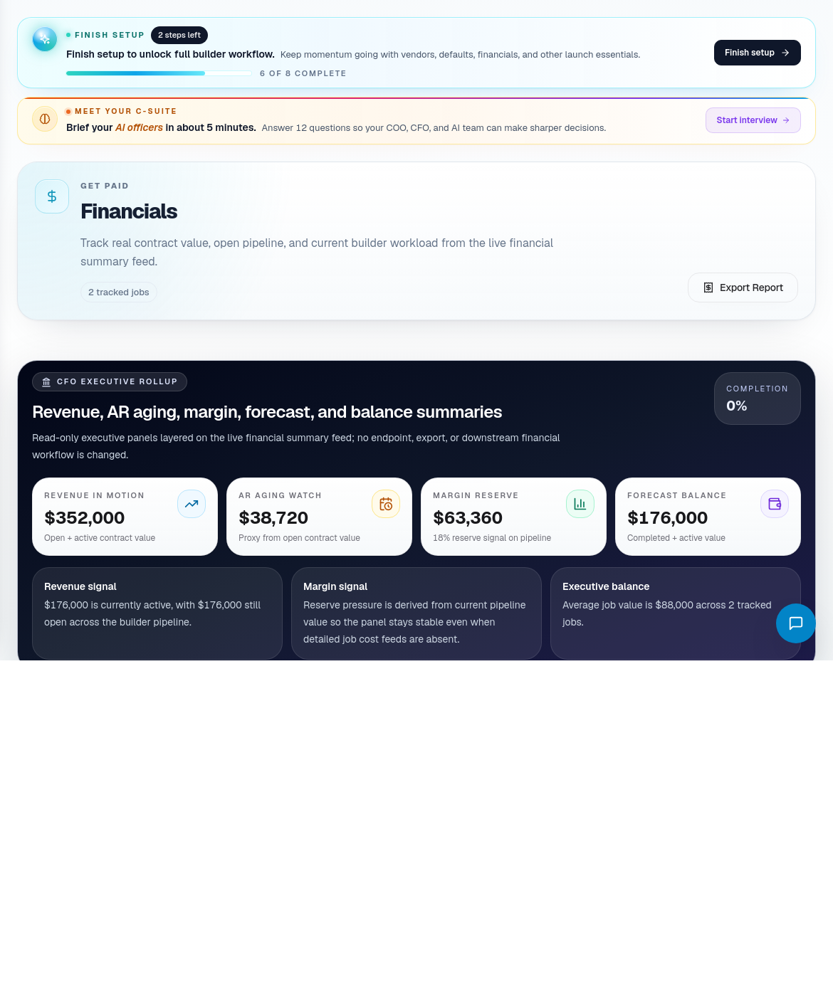 Financials page showing revenue, AR aging, margin, forecast, and balances