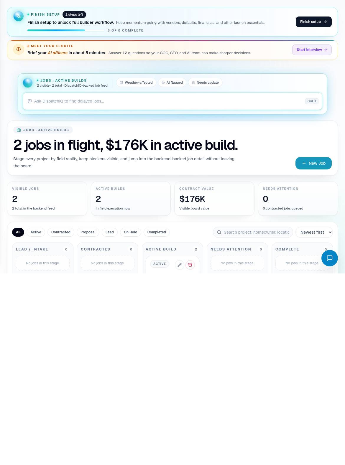 Jobs board showing active project records and job status context