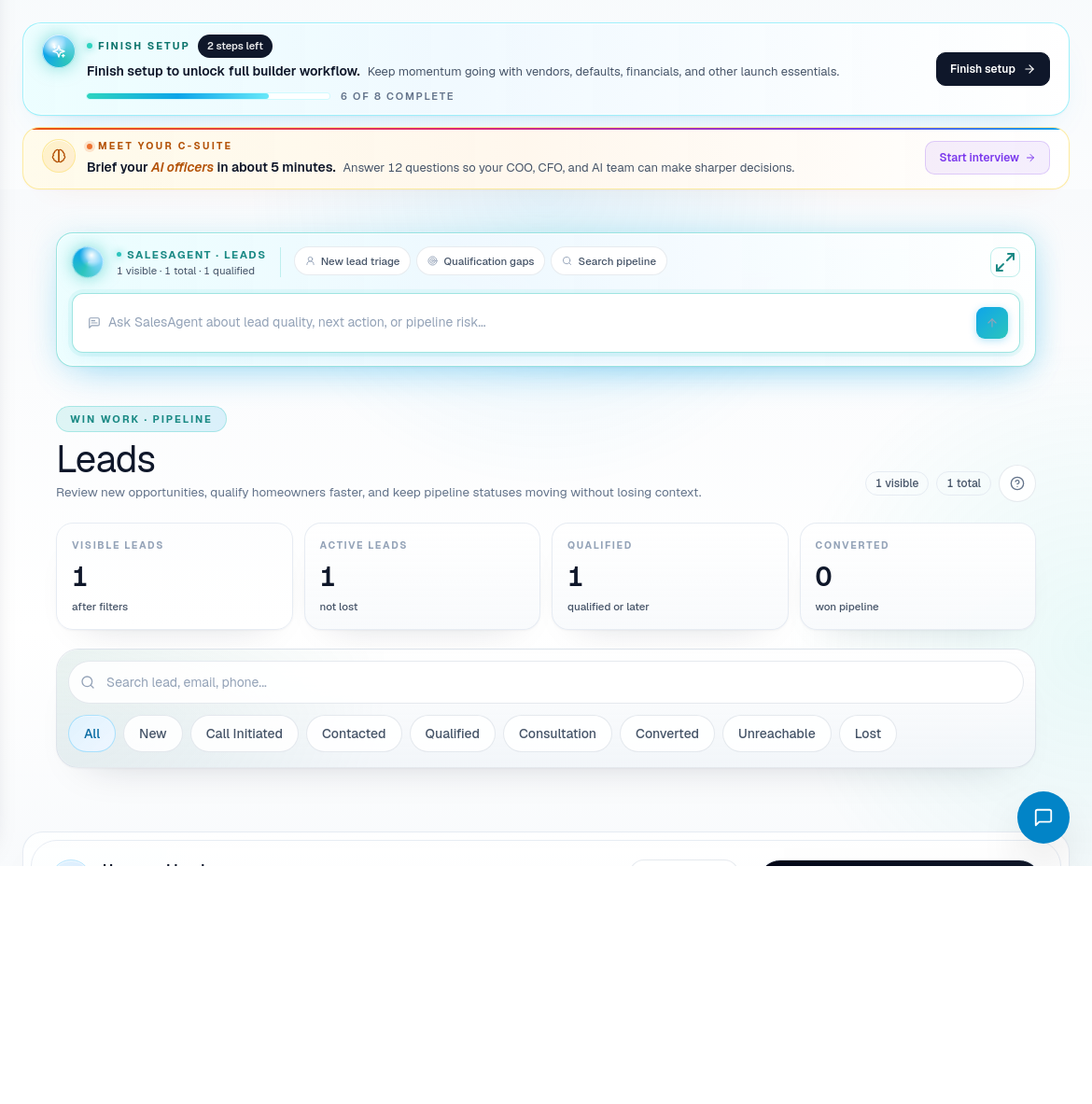 Leads page showing pipeline metrics, lead statuses, and lead cards