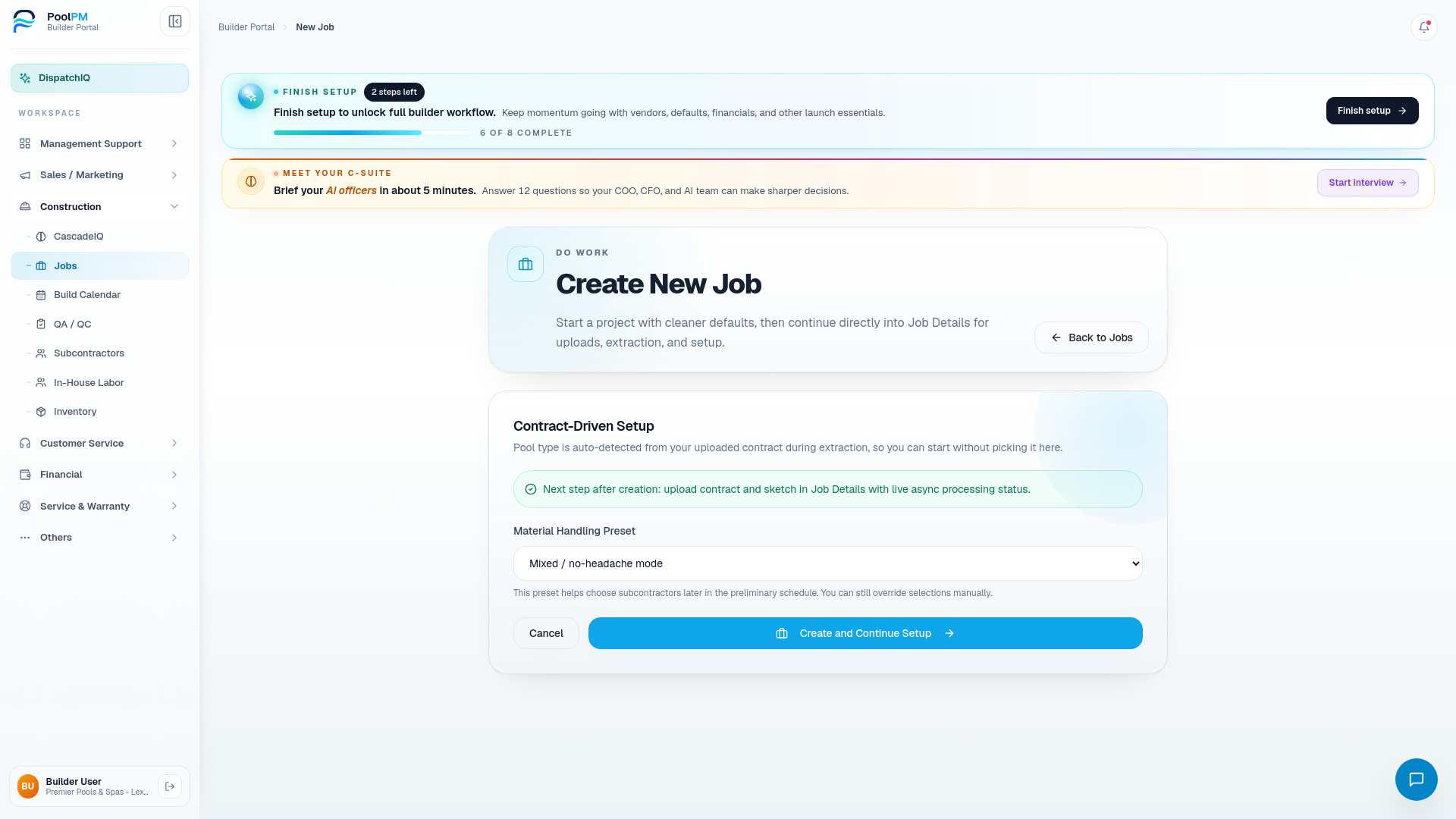 Create New Job page showing contract-driven setup and material handling preset controls