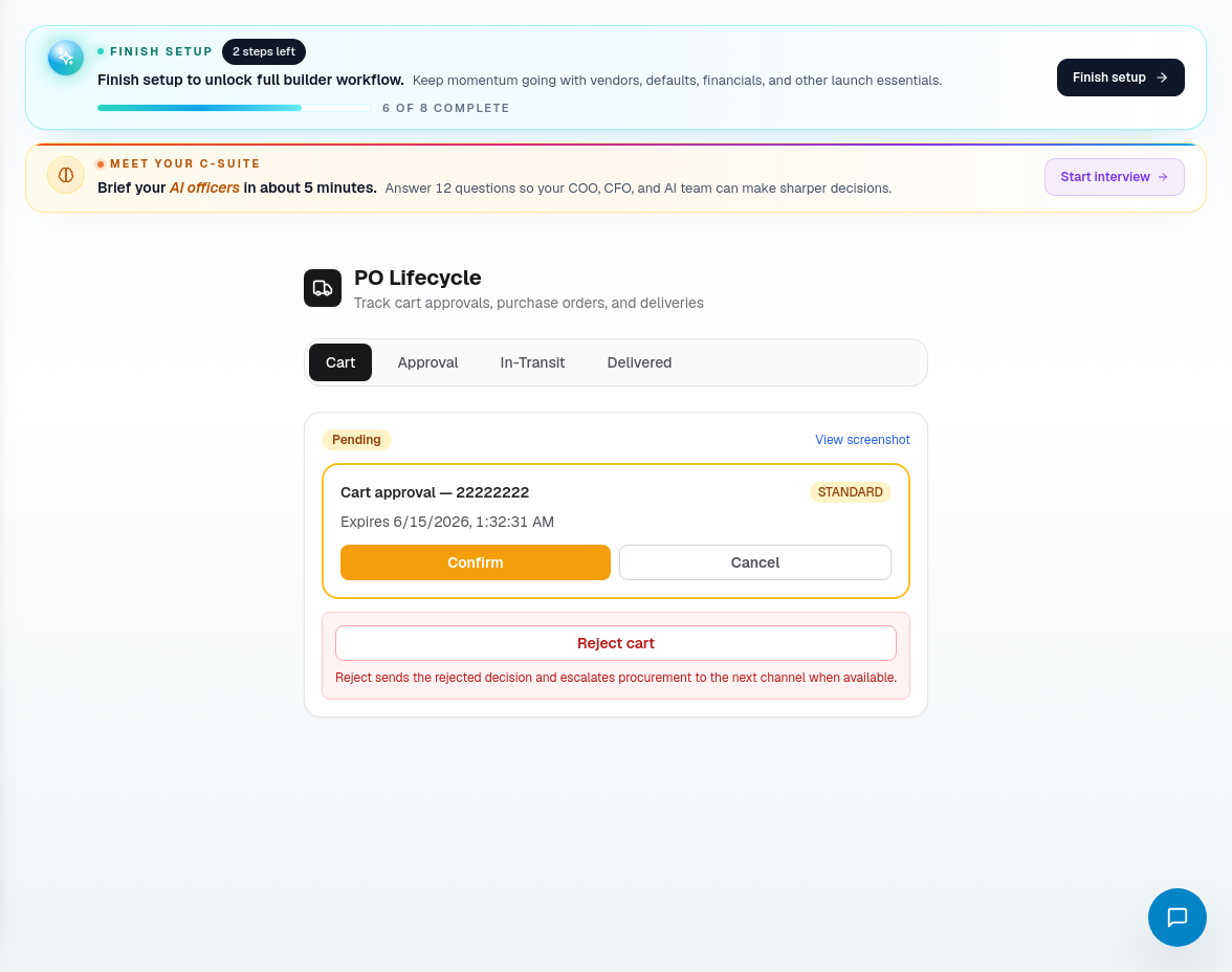 PO Lifecycle page showing cart, approval, in-transit, delivered, and variance tabs