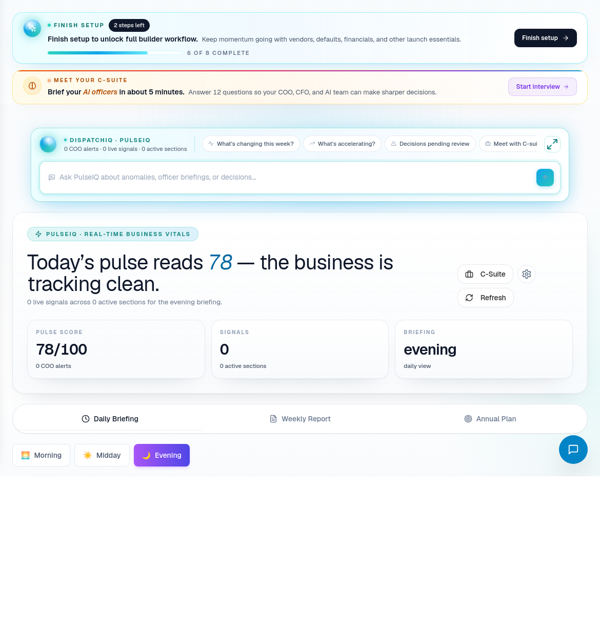 PulseIQ page showing business vitals, alerts, and briefing signals