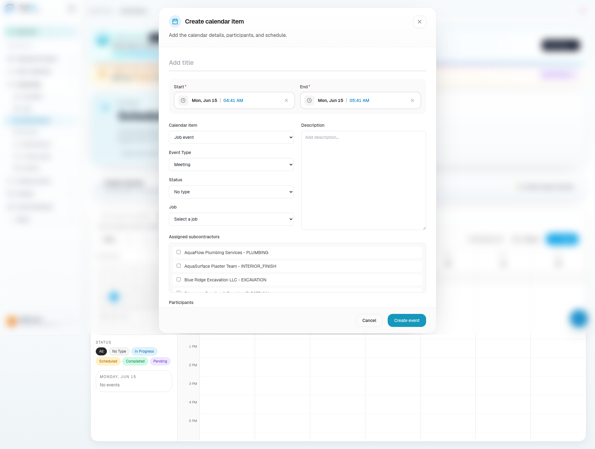 Create calendar item dialog showing title, job, event type, status, subcontractors, and attendee fields