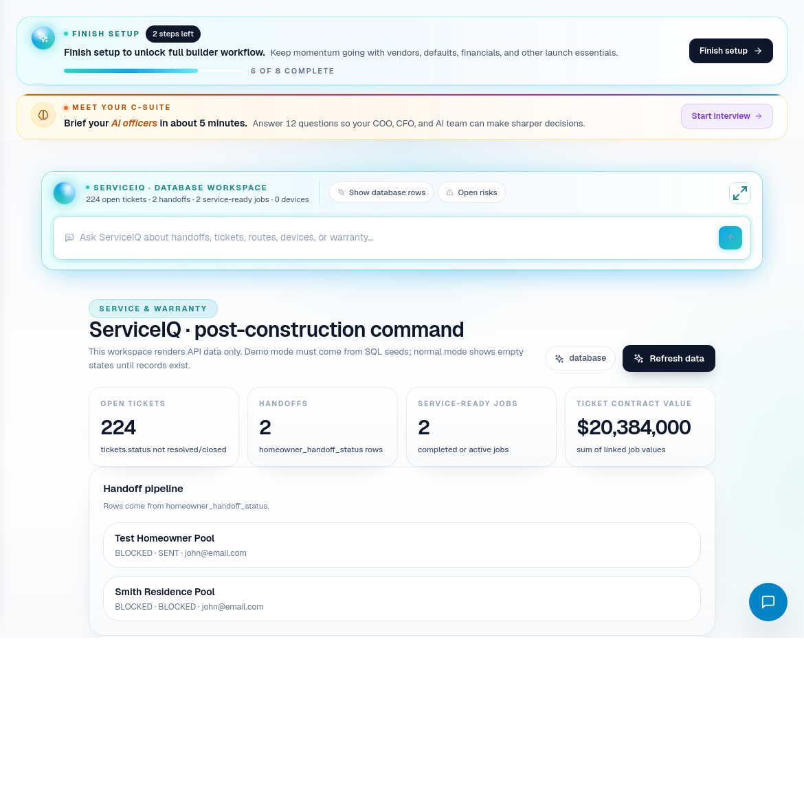 ServiceIQ overview showing service handoff and post-build service context