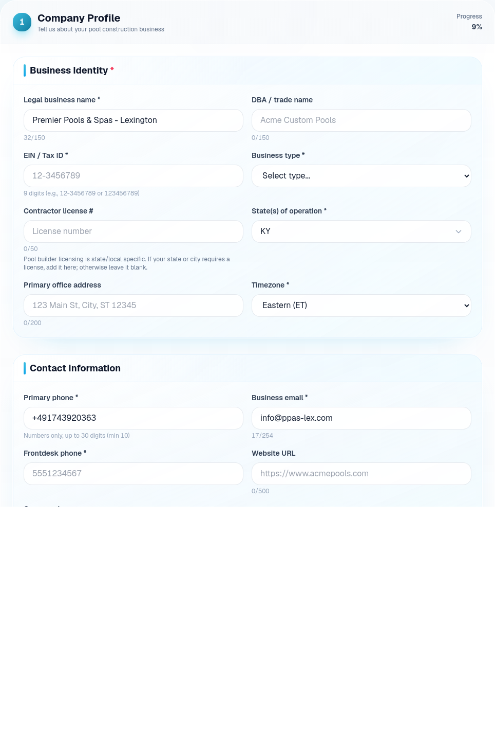 Company Profile onboarding section showing business identity, contact information, and pool type fields