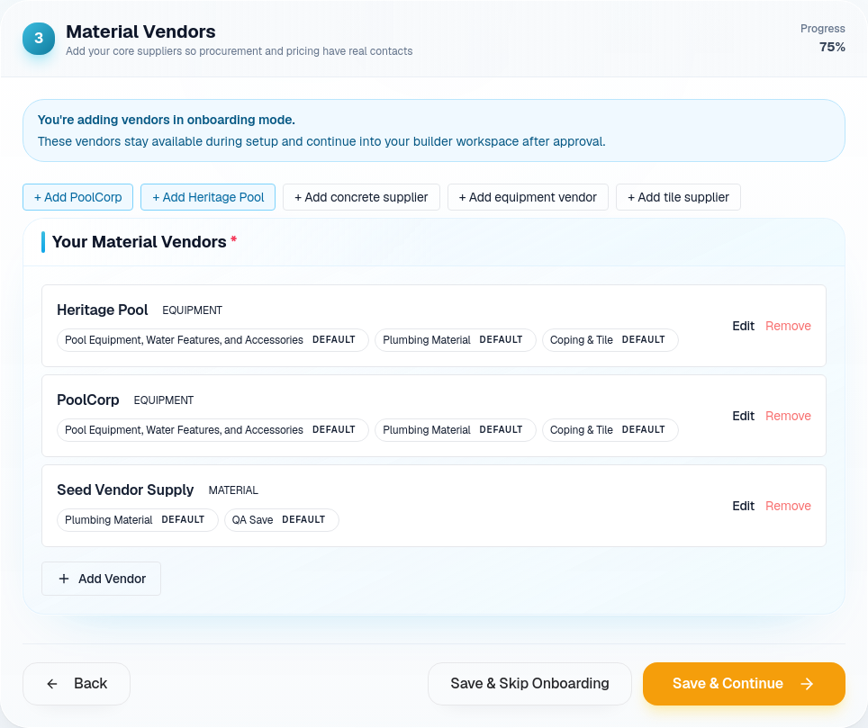 Material Vendors onboarding section with vendor quick-add controls and vendor cards