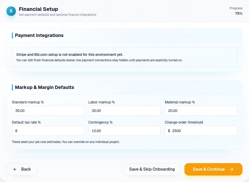 Financial Setup onboarding section showing payment integrations and markup defaults