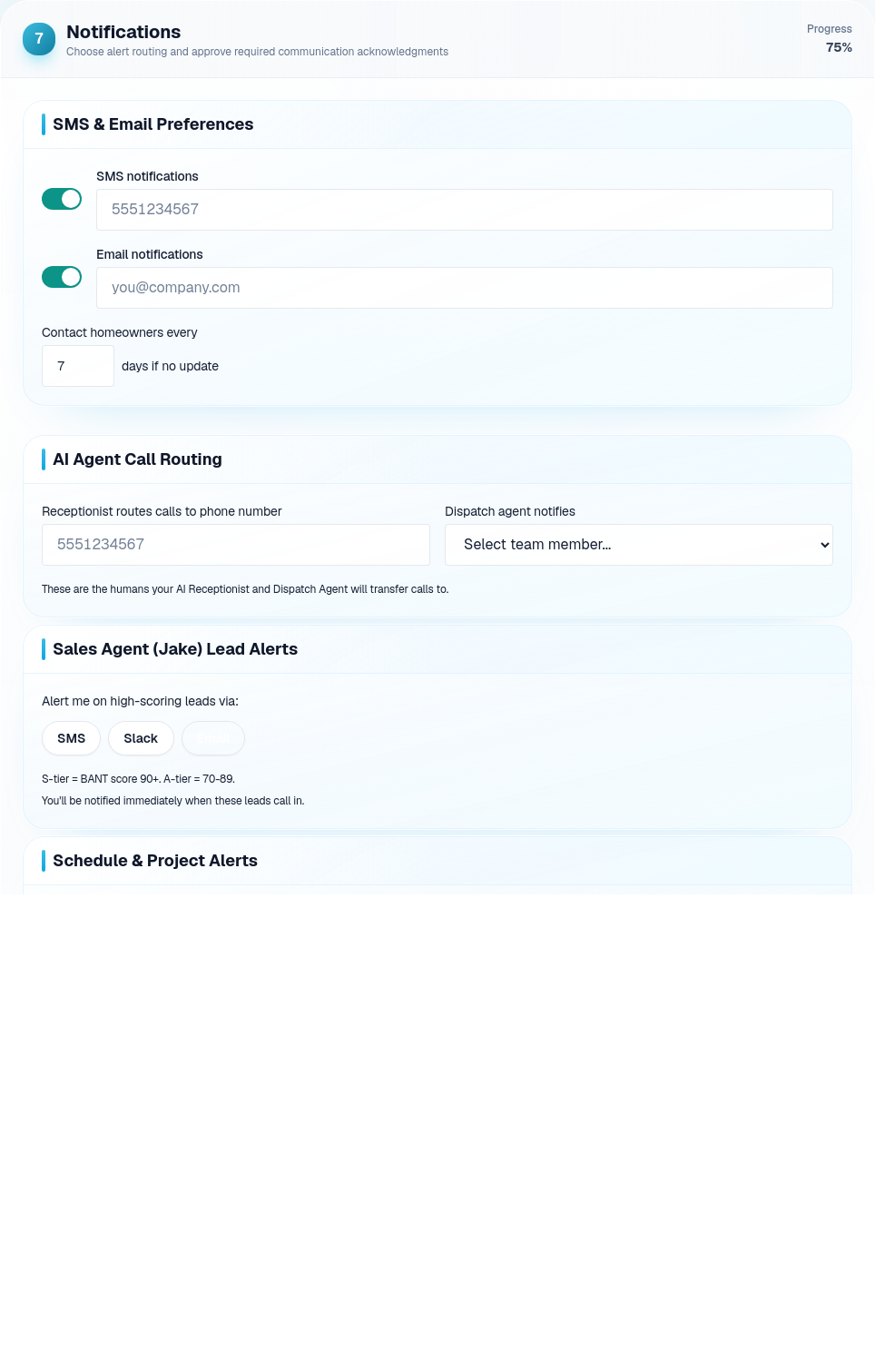 Notifications onboarding section showing SMS, email, call routing, lead alerts, project alerts, and required acknowledgments