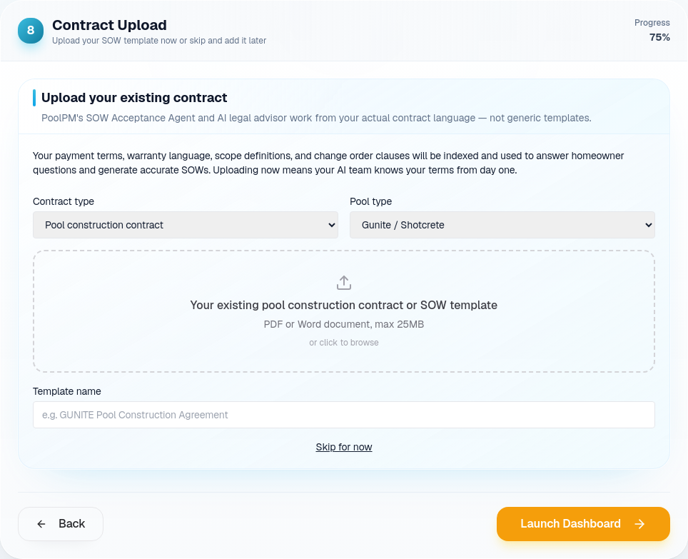 Contract Upload onboarding section showing contract type, pool type, file upload, template name, skip option, and launch button